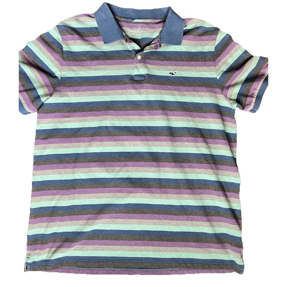 Vineyard Vines Polo Shirt Mens‎ L Multicolor Striped Whale Logo Preppy Coastal